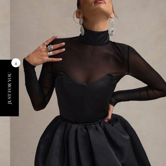 Black Satin High-Neck Mini Dress with Sheer Sleeves - Picture 3 of 4